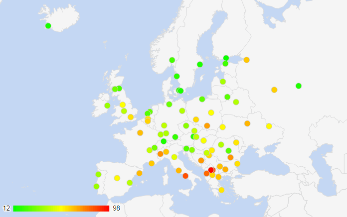 Indice de pollution en Europe par ville au milieu de l'année 2018