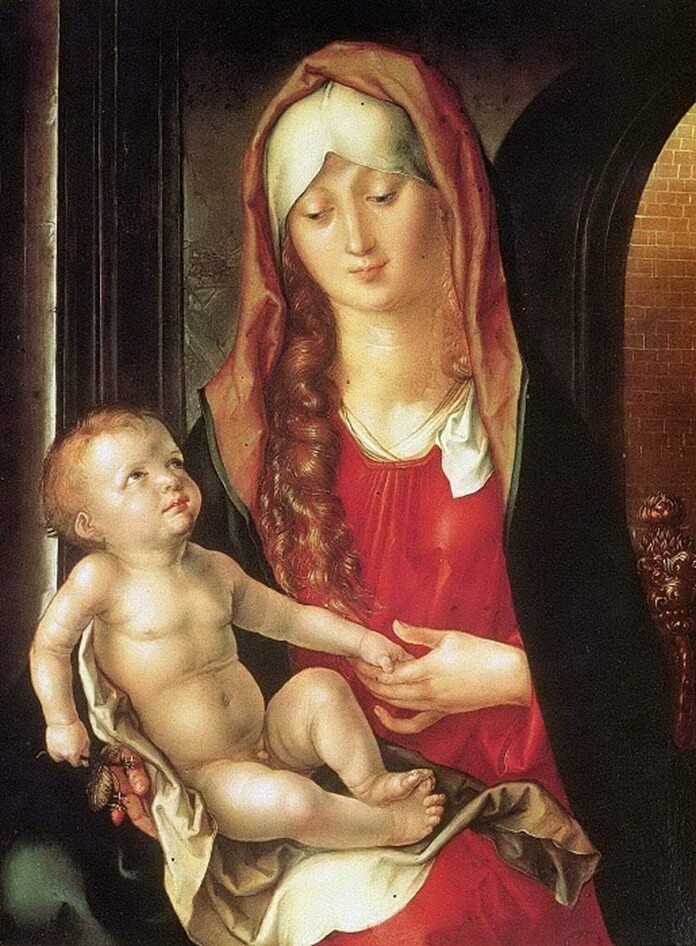 Vierge à l'enfant devant l'arc